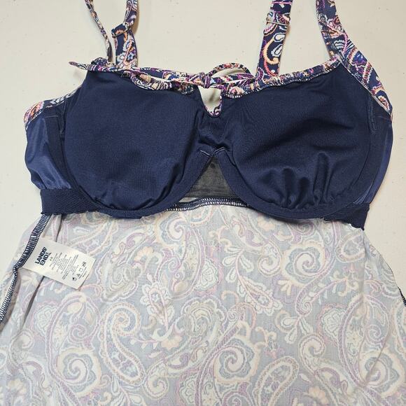 Lands' End Tie Front Underwire Tankini Top Deep Sea Navy Retro Paisley Size 6D - Picture 6 of 9